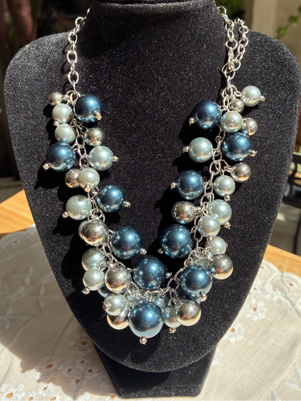 Chunky Slate Blue & Silver Faux Pearl Cluster Statement Necklace